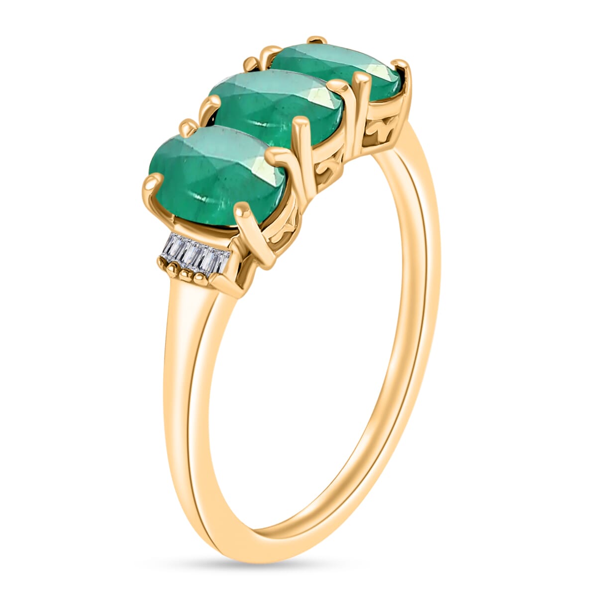 Luxoro Premium Kagem Zambian Emerald and G-H I2 Diamond 2.53 ctw 3 Stone Ring in 14K Yellow Gold (Size  6.5) image number 2