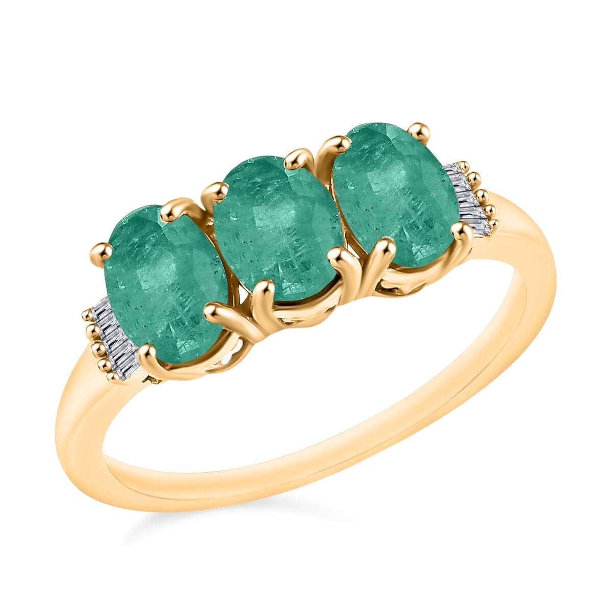Luxoro Premium Kagem Zambian Emerald and G-H I2 Diamond 2.53 ctw 3 Stone Ring in 14K Yellow Gold (Size  12.0) image number 0