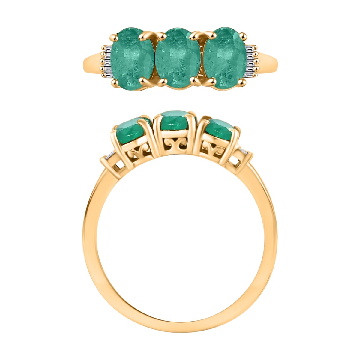 Luxoro Premium Kagem Zambian Emerald and G-H I2 Diamond 2.53 ctw 3 Stone Ring in 14K Yellow Gold (Size  12.0) image number 3