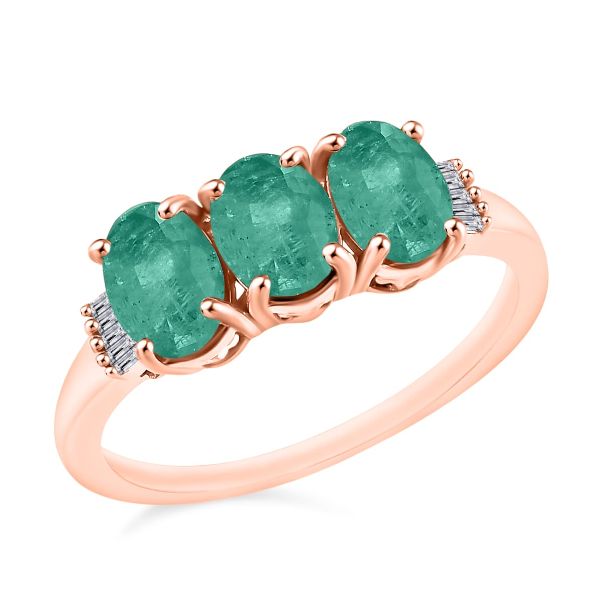 Luxoro Premium Kagem Zambian Emerald and G-H I2 Diamond 2.53 ctw 3 Stone Ring in 14K Rose Gold (Size  12.0) image number 0
