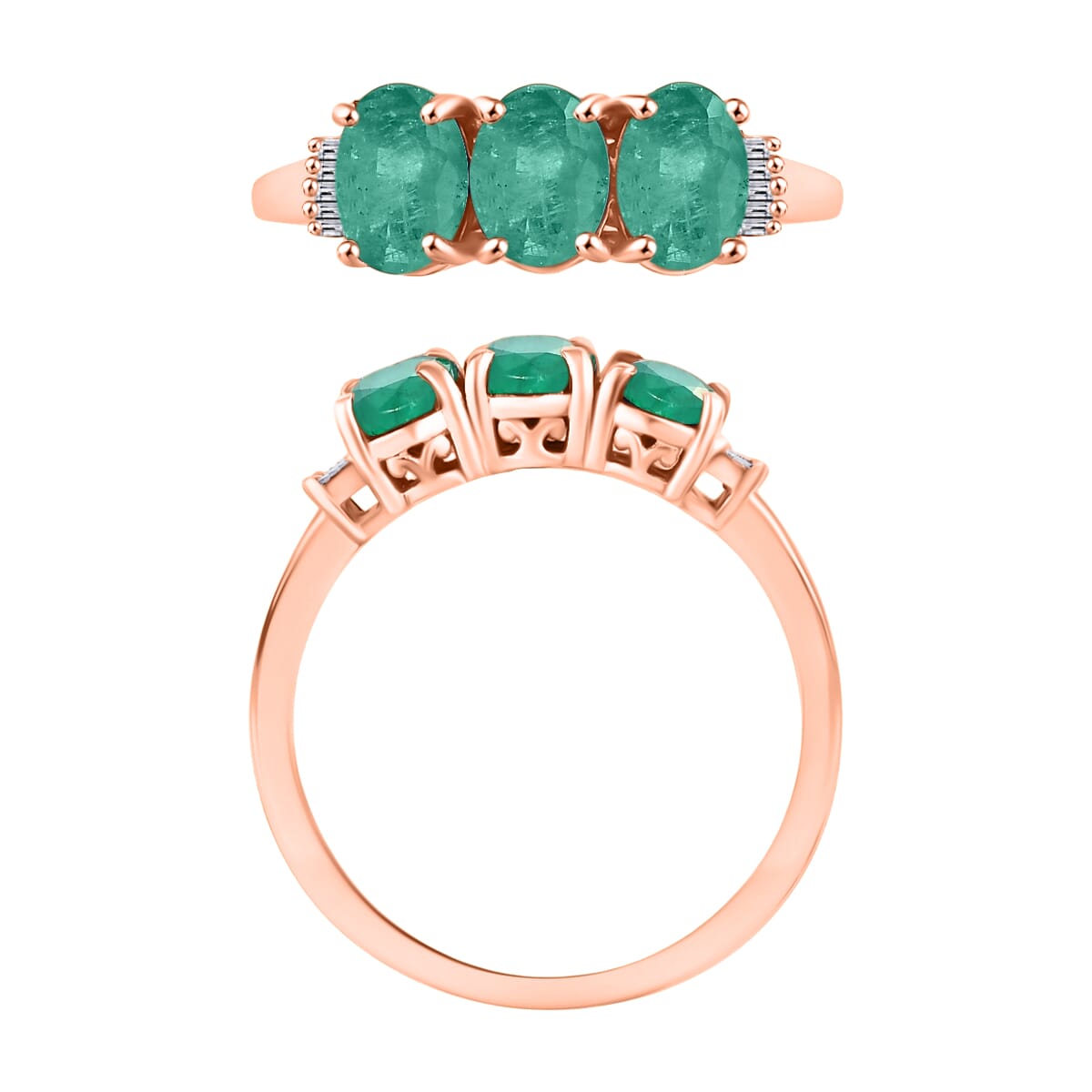 Luxoro Premium Kagem Zambian Emerald and G-H I2 Diamond 2.53 ctw 3 Stone Ring in 14K Rose Gold (Size  12.0) image number 3