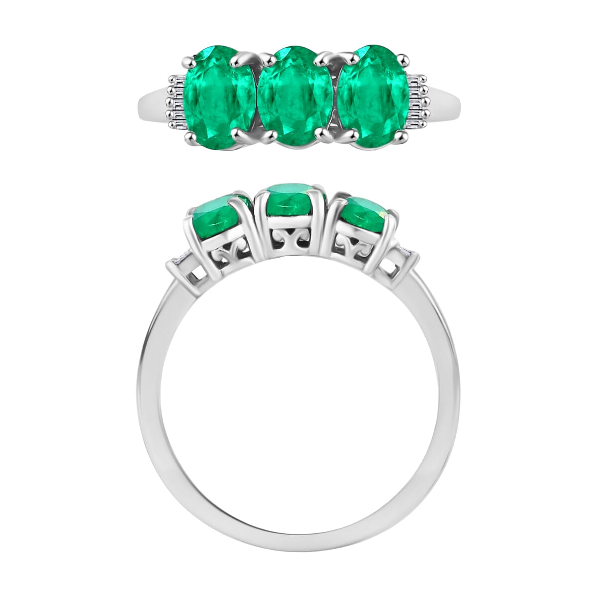Rhapsody AAAA Kagem Zambian Emerald and E-F VS2 Diamond 2.53 ctw 3 Stone Ring in 950 Platinum (Size  4.5) image number 3