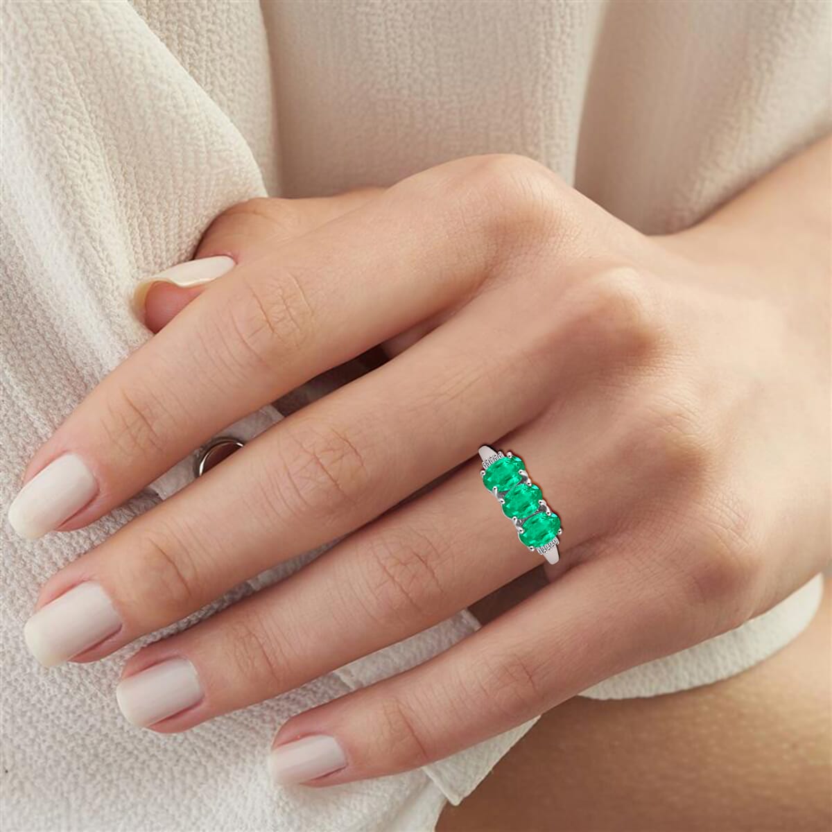 Rhapsody AAAA Kagem Zambian Emerald and E-F VS2 Diamond 2.53 ctw 3 Stone Ring in 950 Platinum (Size  8.0) image number 1