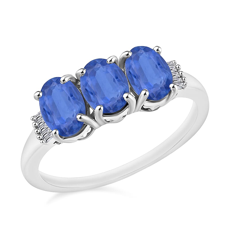 Kanchanaburi Blue Sapphire and Diamond 2.77 ctw 3 Stone Ring in Platinum Over Sterling Silver (Size  4.0)
