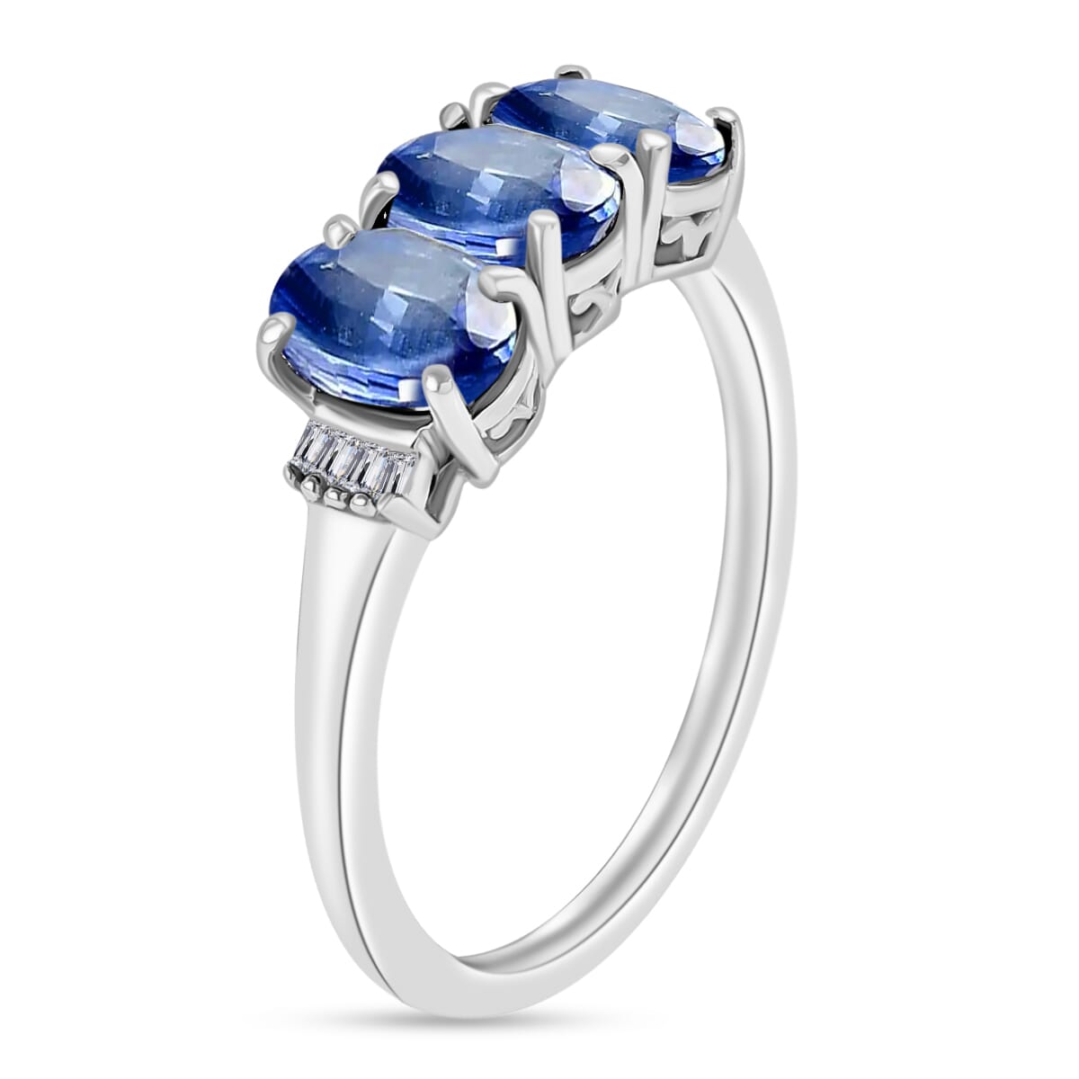 Kanchanaburi Blue Sapphire and Diamond 2.77 ctw 3 Stone Ring in Platinum Over Sterling Silver (Size  4.0) image number 2