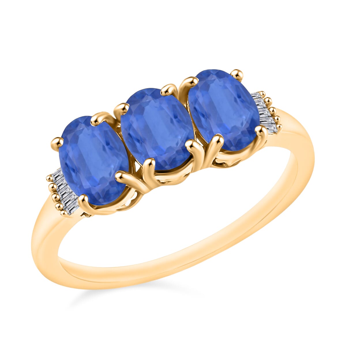 Kanchanaburi Blue Sapphire and Diamond 2.77 ctw 3 Stone Ring in Vermeil Yellow Gold Over Sterling Silver (Size  4.5) image number 0