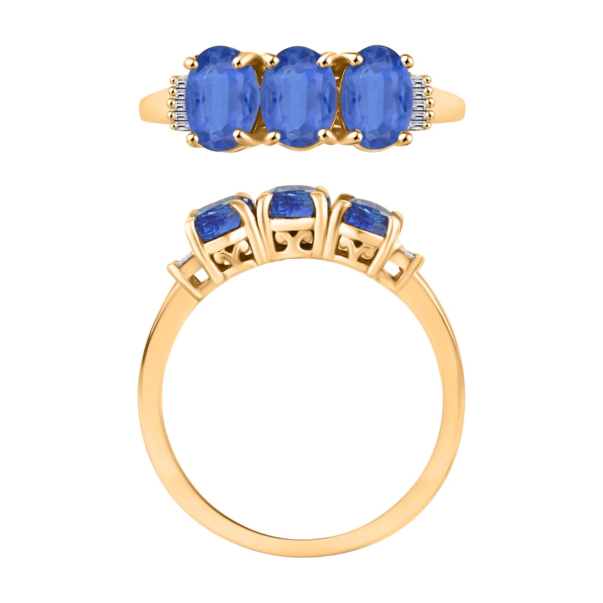 Kanchanaburi Blue Sapphire and Diamond 2.77 ctw 3 Stone Ring in Vermeil Yellow Gold Over Sterling Silver (Size  4.5) image number 3