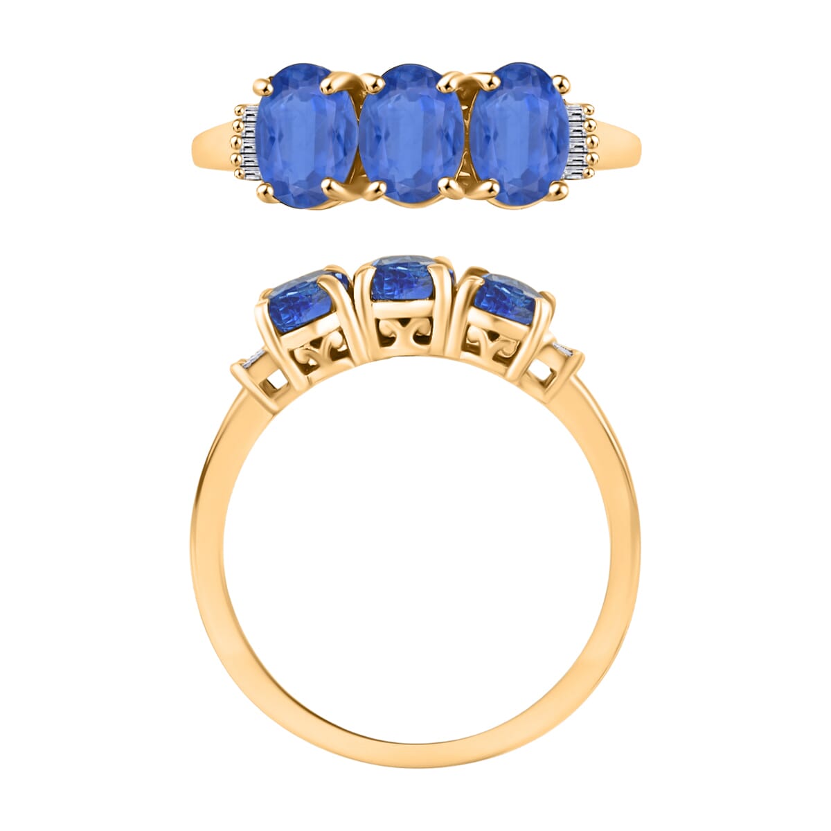 Kanchanaburi Blue Sapphire and Diamond 2.77 ctw 3 Stone Ring in Vermeil Yellow Gold Over Sterling Silver (Size  12.0) image number 3