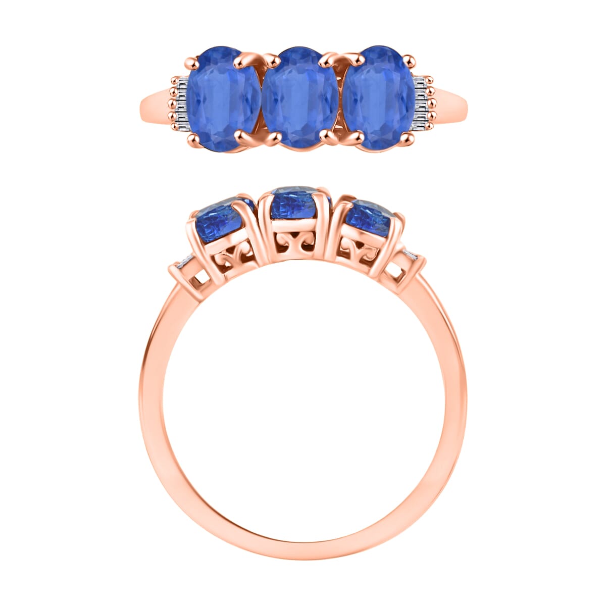 Kanchanaburi Blue Sapphire and Diamond 2.77 ctw 3 Stone Ring in Vermeil Rose Gold Over Sterling Silver (Size  10.5) image number 3