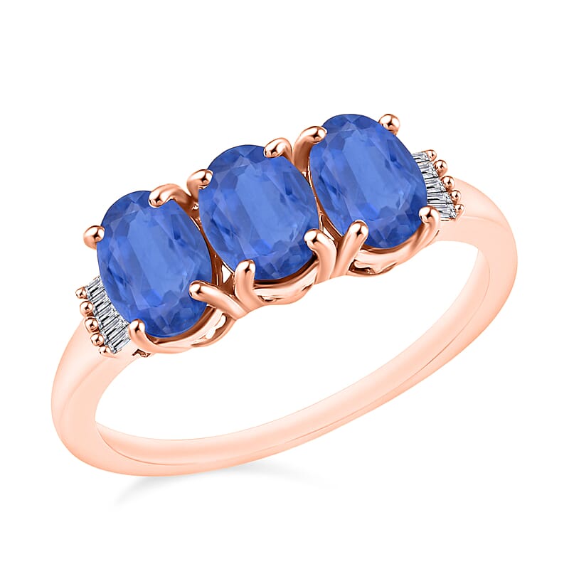 Kanchanaburi Blue Sapphire and Diamond 2.77 ctw 3 Stone Ring in Vermeil Rose Gold Over Sterling Silver (Size  11.0)