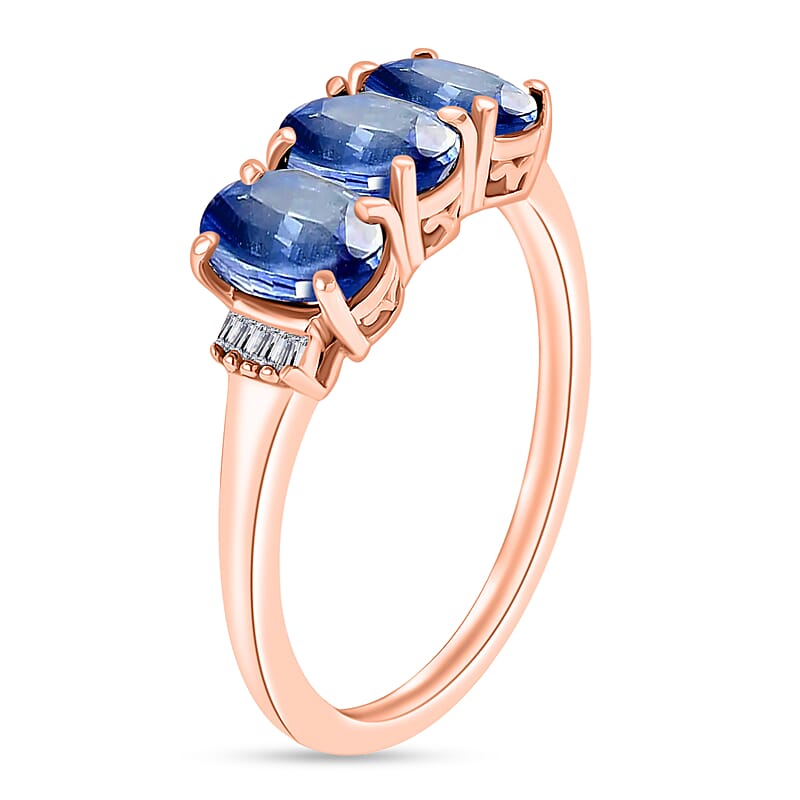 Kanchanaburi Blue Sapphire and Diamond 2.77 ctw 3 Stone Ring in Vermeil Rose Gold Over Sterling Silver (Size  11.0)