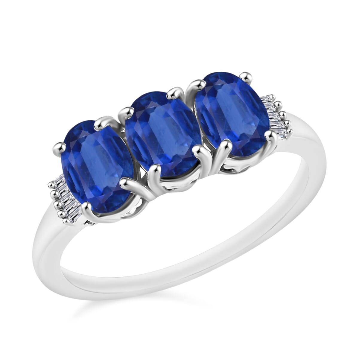Premium Kanchanaburi Blue Sapphire and G-H I2 Diamond 2.77 ctw 3 Stone Ring in 14K White Gold (Size  5.0) image number 0