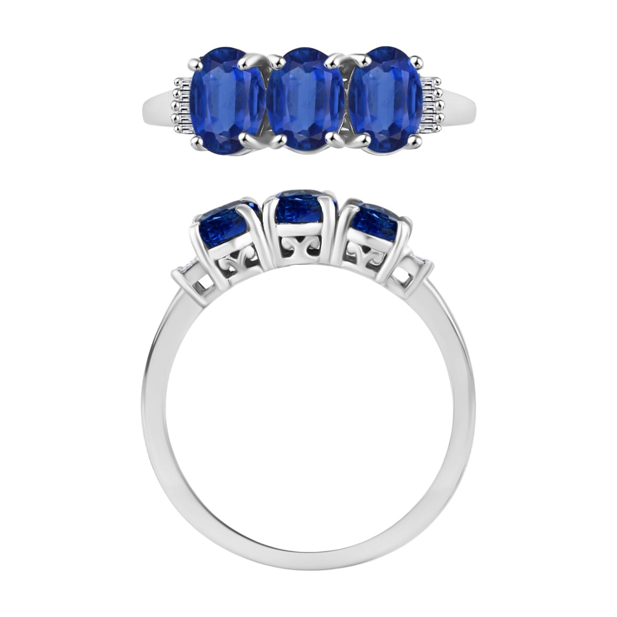 Premium Kanchanaburi Blue Sapphire and G-H I2 Diamond 2.77 ctw 3 Stone Ring in 14K White Gold (Size  5.0) image number 3