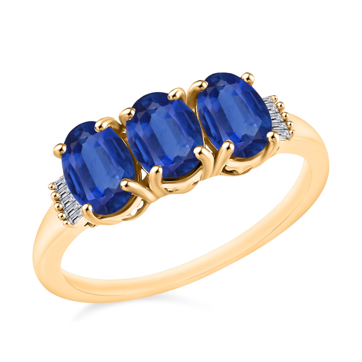 Premium Kanchanaburi Blue Sapphire and G-H I2 Diamond 2.77 ctw 3 Stone Ring in 14K Yellow Gold (Size  4.0) image number 0