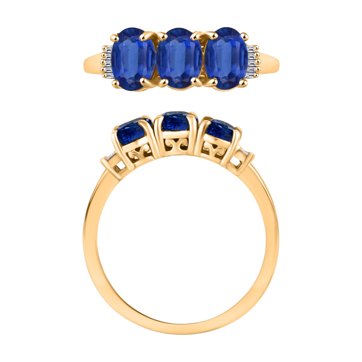 Premium Kanchanaburi Blue Sapphire and G-H I2 Diamond 2.77 ctw 3 Stone Ring in 14K Yellow Gold (Size  4.0) image number 3