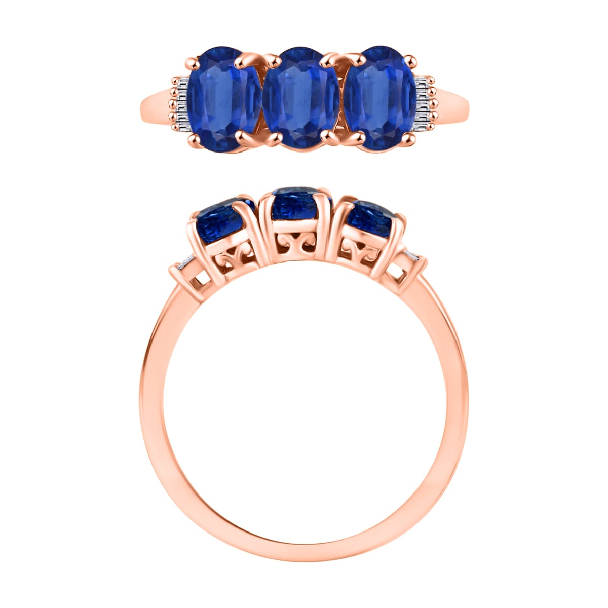 Premium Kanchanaburi Blue Sapphire and G-H I2 Diamond 2.77 ctw 3 Stone Ring in 14K Rose Gold (Size  4.5) image number 3