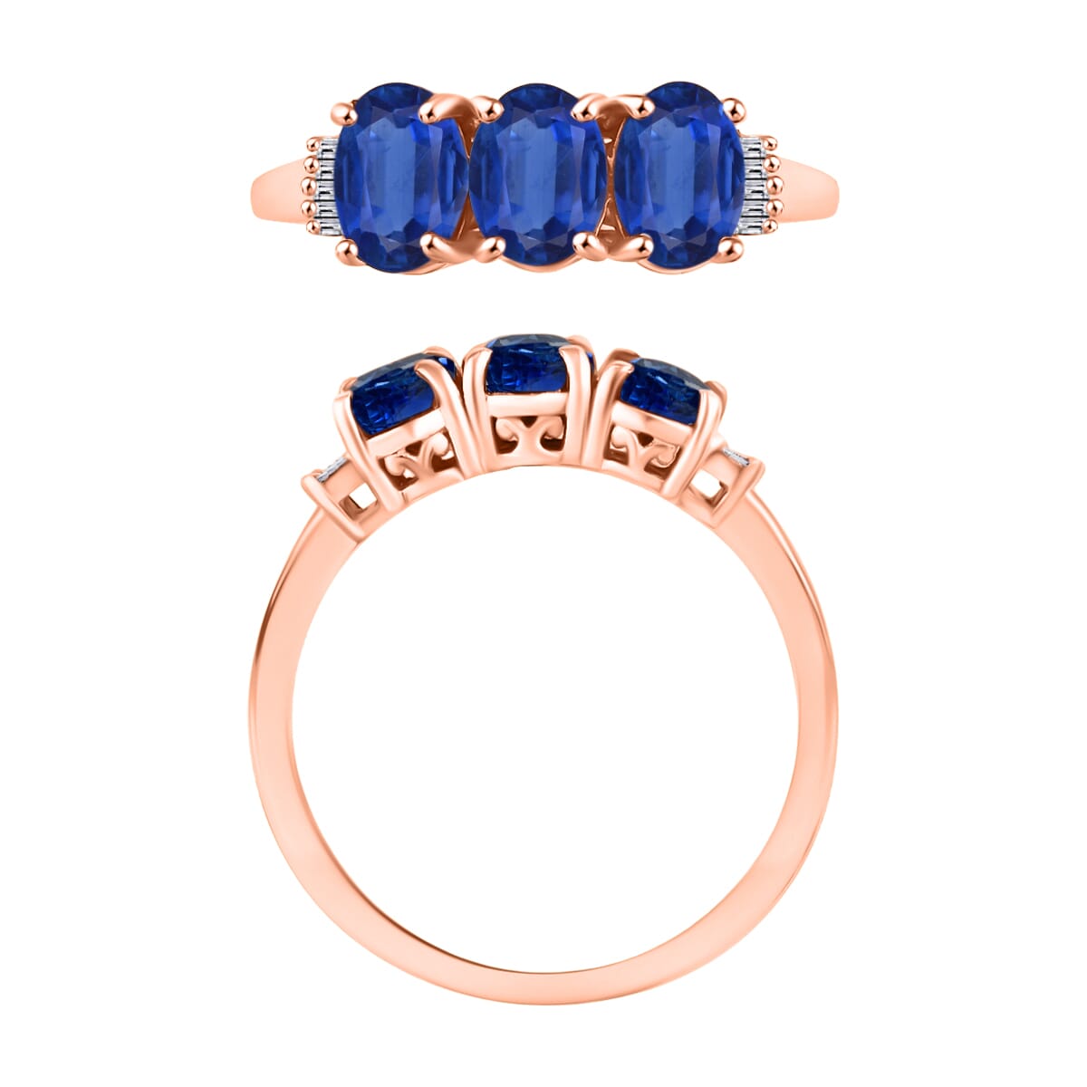 Premium Kanchanaburi Blue Sapphire and G-H I2 Diamond 2.77 ctw 3 Stone Ring in 14K Rose Gold (Size  12.0) image number 3