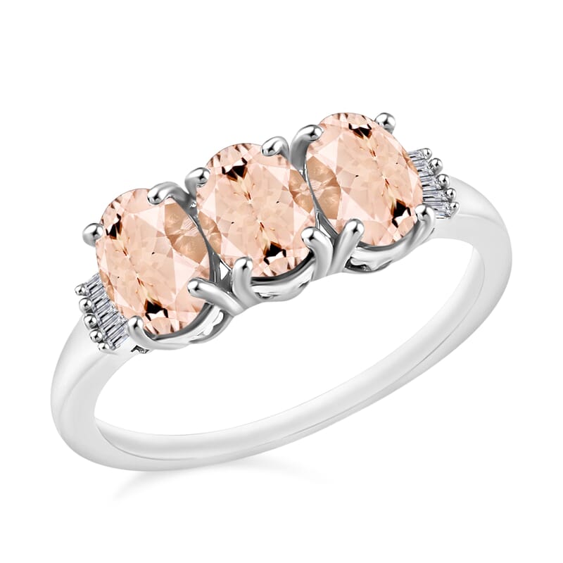 Pink Morganite and Diamond 2.50 ctw 3 Stone Ring in Platinum Over Sterling Silver (Size  4.0)