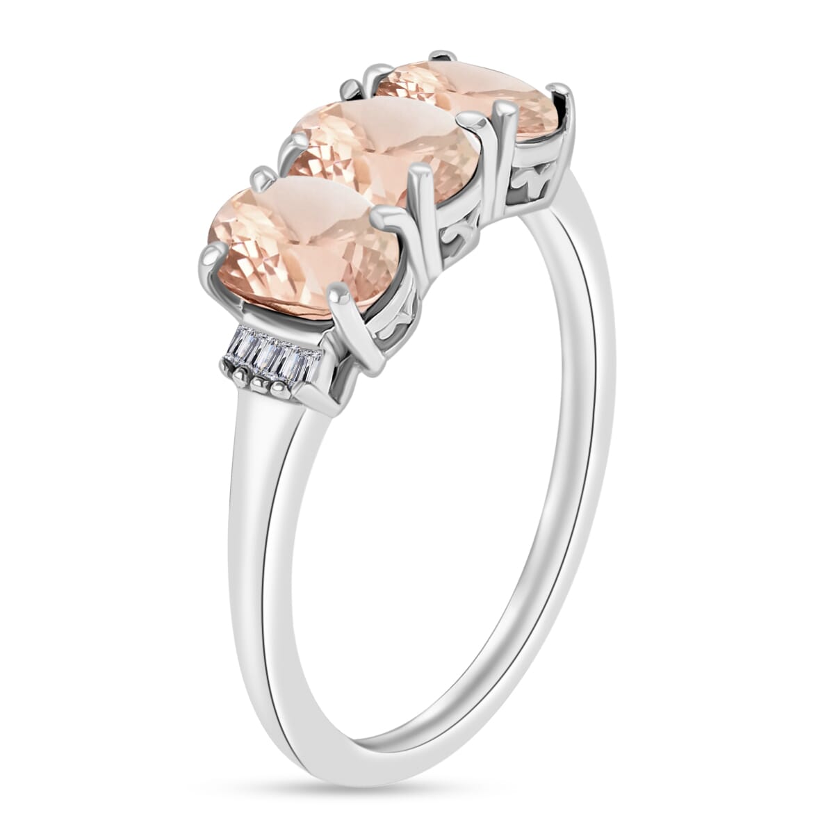 Pink Morganite and Diamond 2.50 ctw 3 Stone Ring in Platinum Over Sterling Silver (Size  4.0) image number 2