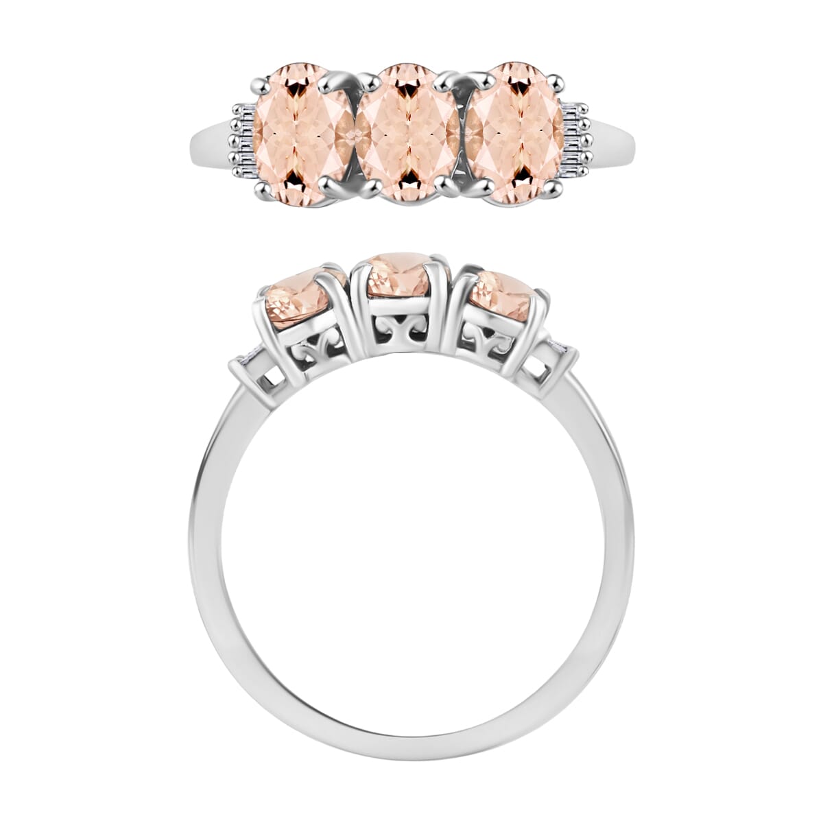 Pink Morganite and Diamond 2.50 ctw 3 Stone Ring in Platinum Over Sterling Silver (Size  4.0) image number 3
