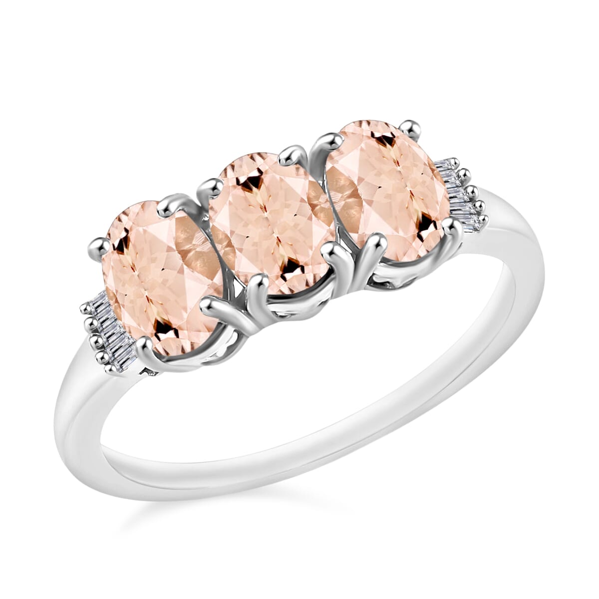 Pink Morganite and Diamond 2.50 ctw 3 Stone Ring in Platinum Over Sterling Silver (Size  12.0) image number 0
