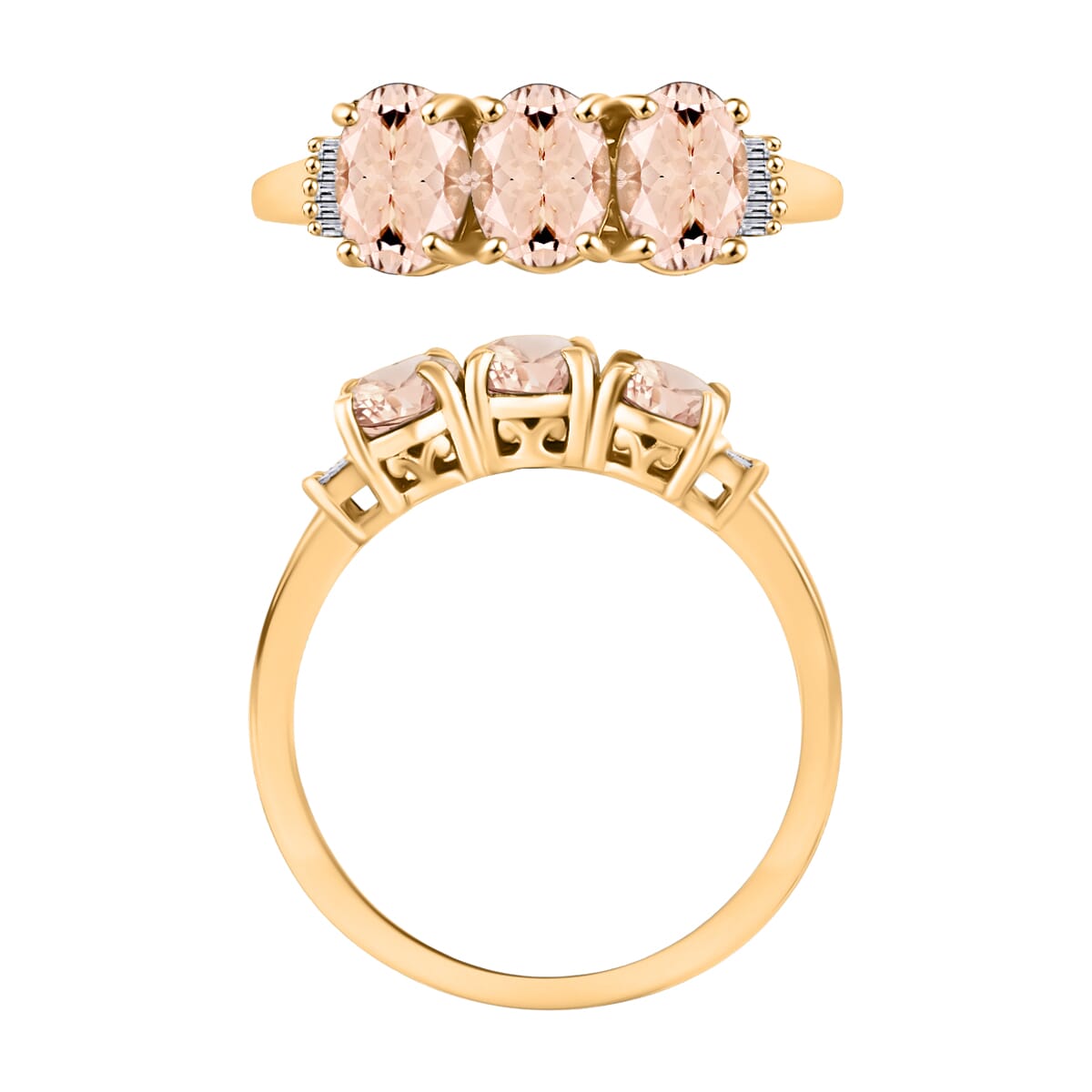 Pink Morganite and Diamond 2.50 ctw 3 Stone Ring in Vermeil Yellow Gold Over Sterling Silver (Size  10.5) image number 3