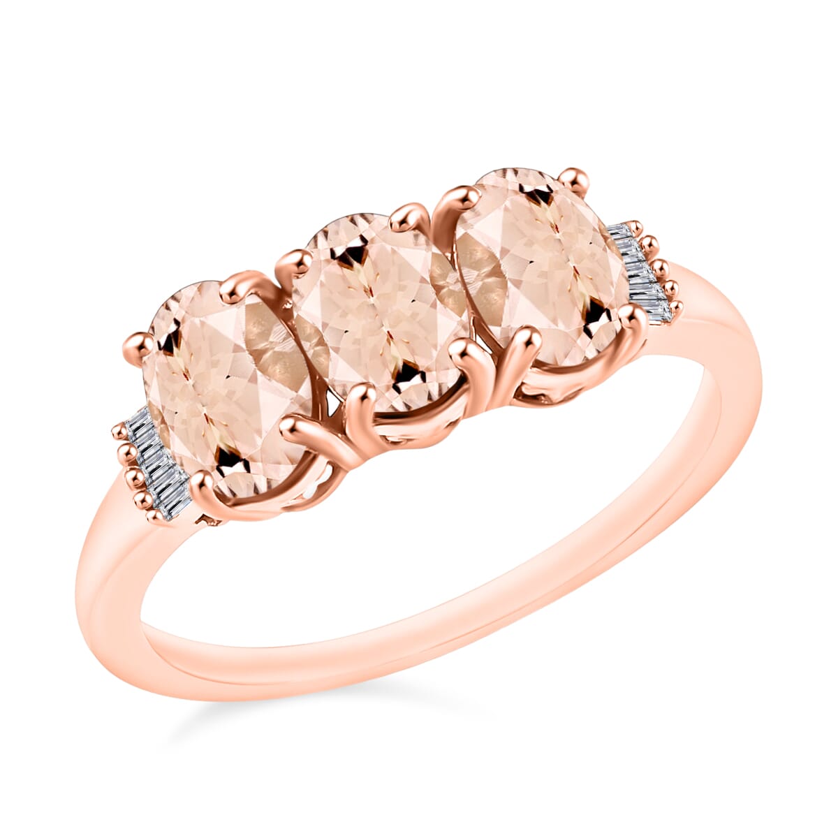 Pink Morganite and Diamond 2.50 ctw 3 Stone Ring in Vermeil Rose Gold Over Sterling Silver (Size  6.5) image number 0