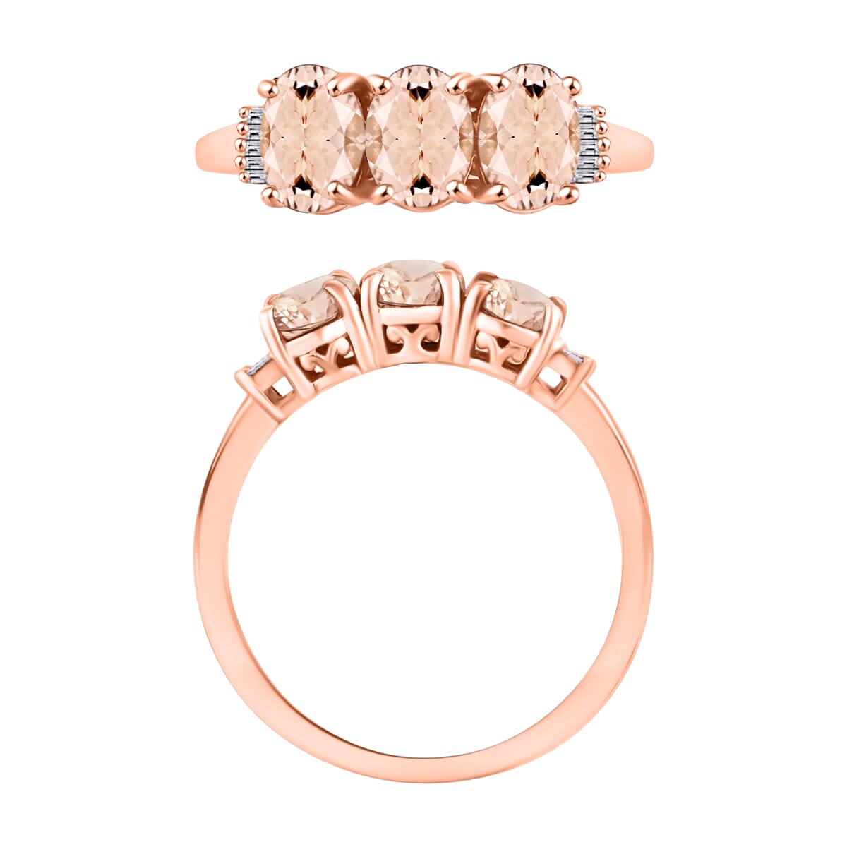 Pink Morganite and Diamond 2.50 ctw 3 Stone Ring in Vermeil Rose Gold Over Sterling Silver (Size  6.5) image number 3