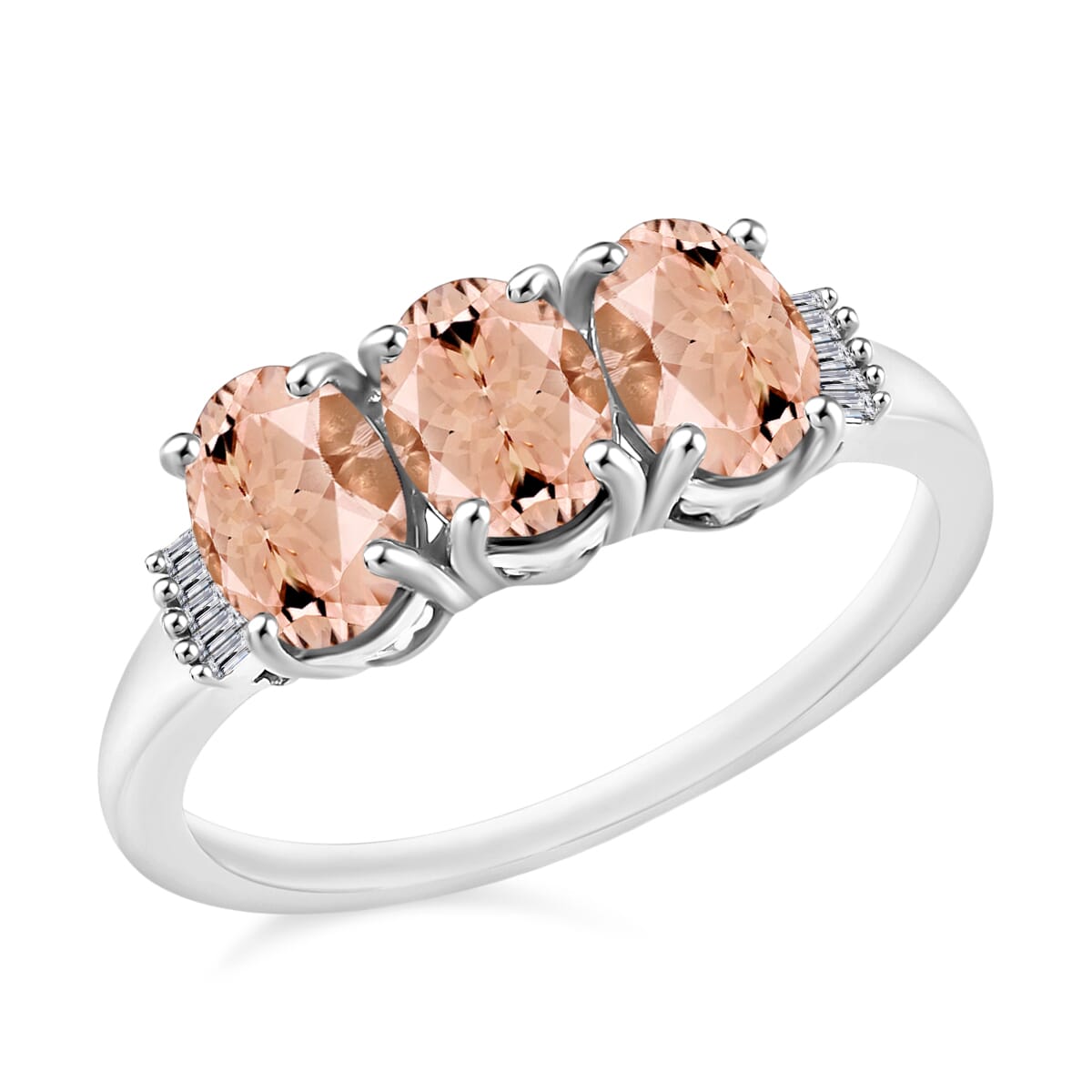 Luxoro Premium Pink Morganite and G-H I2 Diamond 2.50 ctw 3 Stone Ring in 14K White Gold (Size  10.5) image number 0