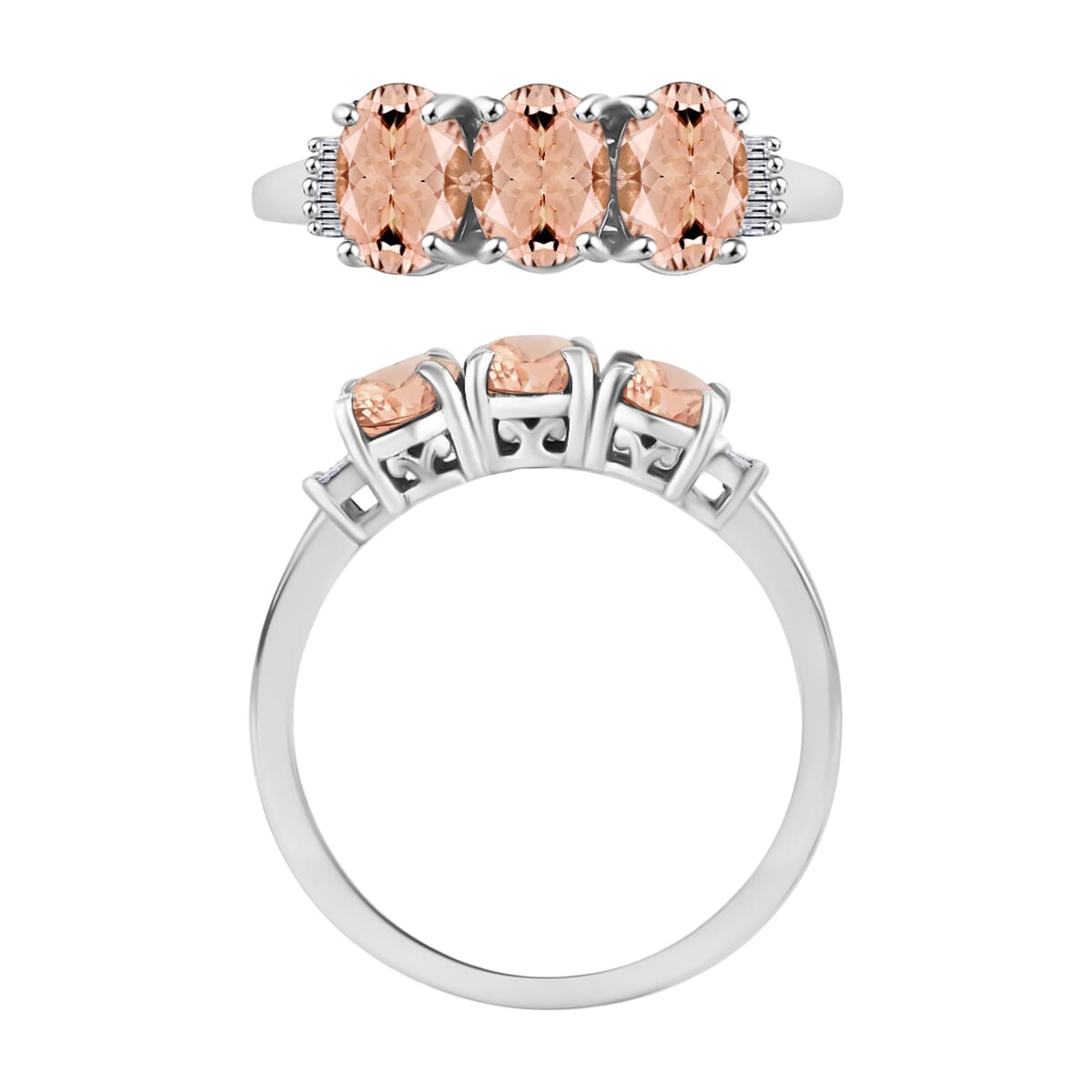 Luxoro Premium Pink Morganite and G-H I2 Diamond 2.50 ctw 3 Stone Ring in 14K White Gold (Size  10.5) image number 3