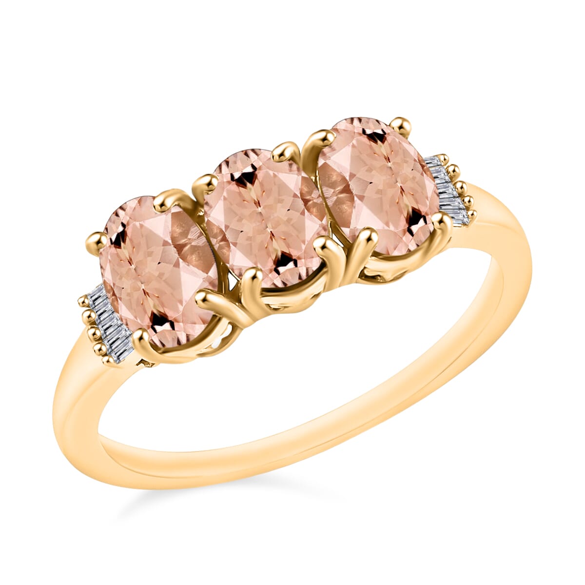 Luxoro Premium Pink Morganite and G-H I2 Diamond 2.50 ctw 3 Stone Ring in 14K Yellow Gold (Size  4.5) image number 0