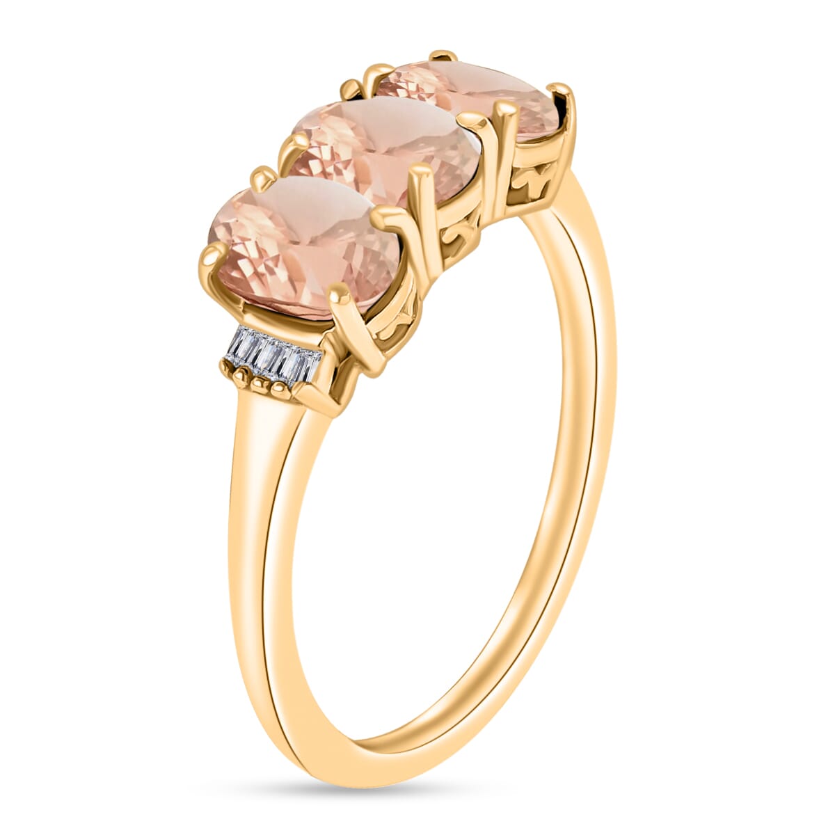 Luxoro Premium Pink Morganite and G-H I2 Diamond 2.50 ctw 3 Stone Ring in 14K Yellow Gold (Size  4.5) image number 2