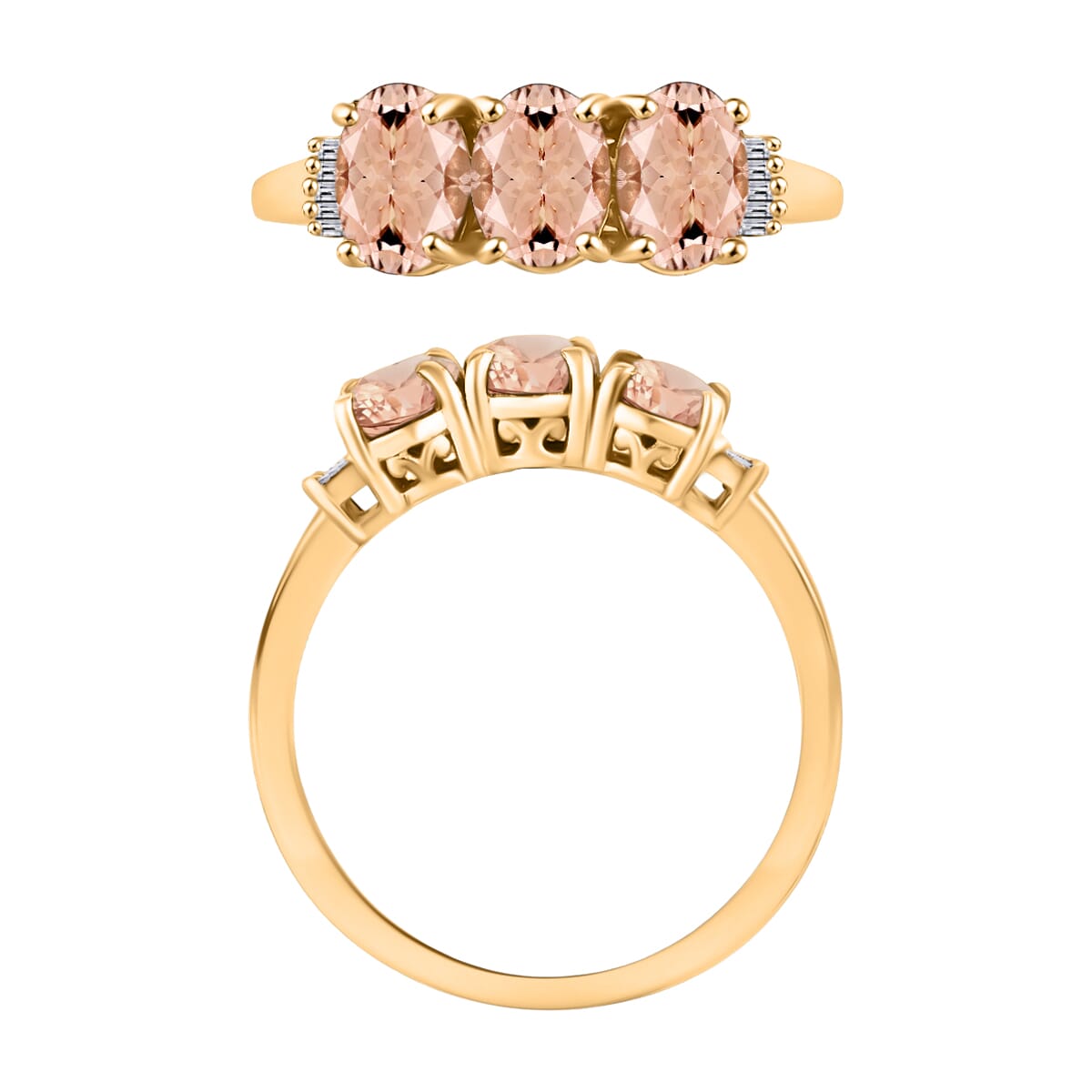Luxoro Premium Pink Morganite and G-H I2 Diamond 2.50 ctw 3 Stone Ring in 14K Yellow Gold (Size  4.5) image number 3