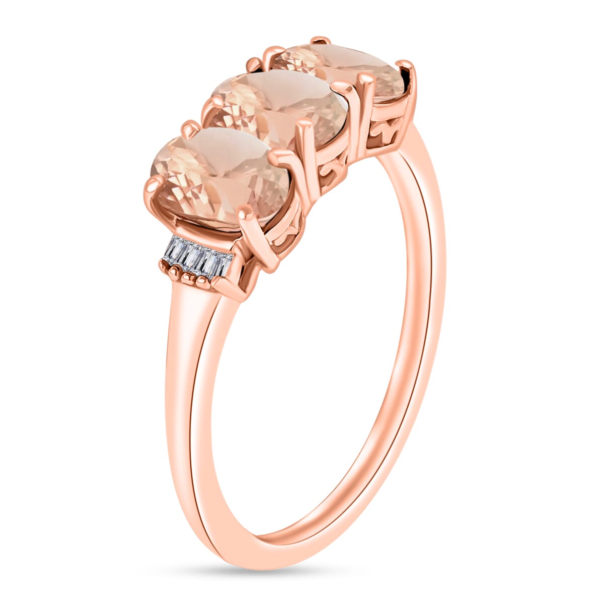 Luxoro Premium Pink Morganite and G-H I2 Diamond 2.50 ctw 3 Stone Ring in 14K Rose Gold (Size  7.5) image number 2
