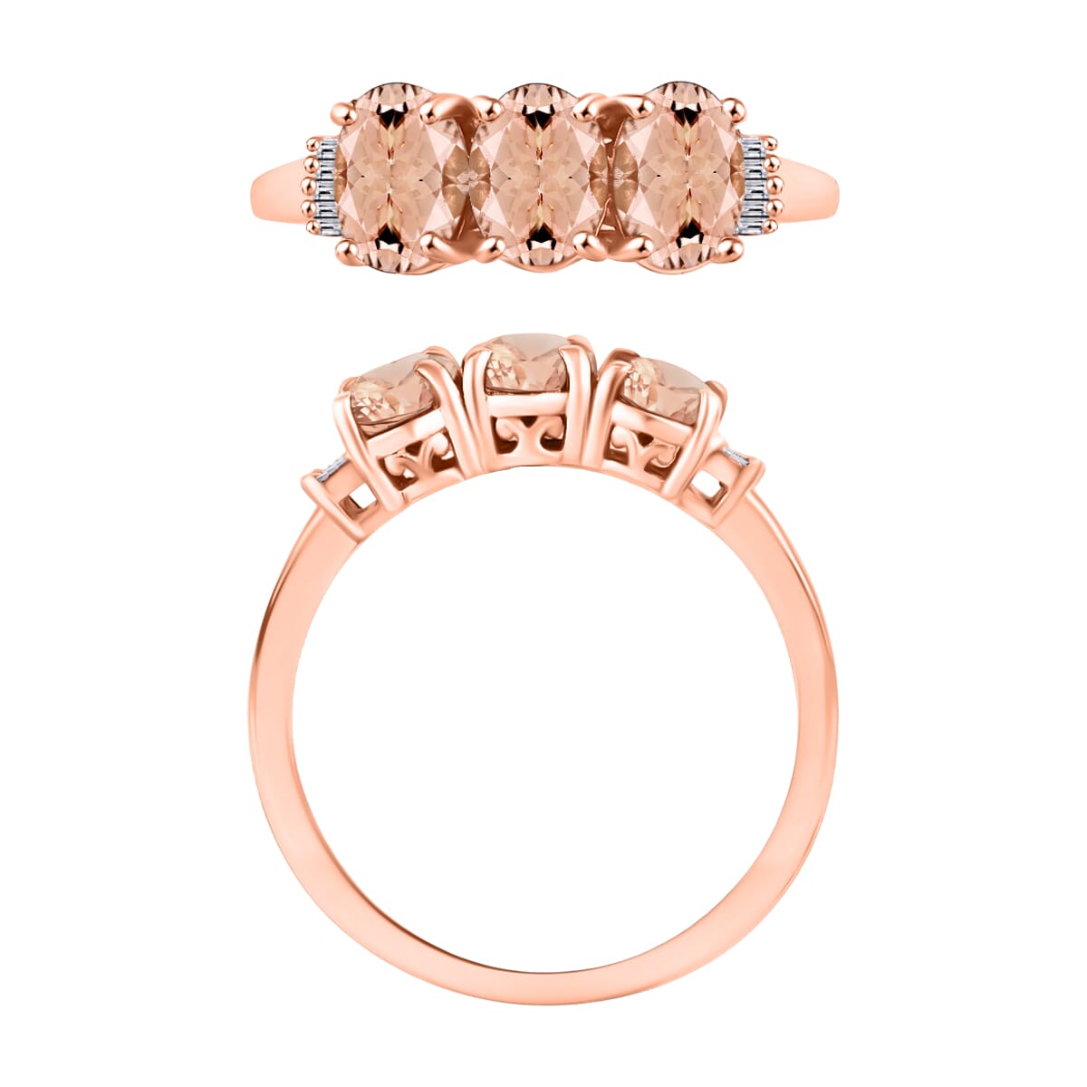 Luxoro Premium Pink Morganite and G-H I2 Diamond 2.50 ctw 3 Stone Ring in 14K Rose Gold (Size  7.5) image number 3
