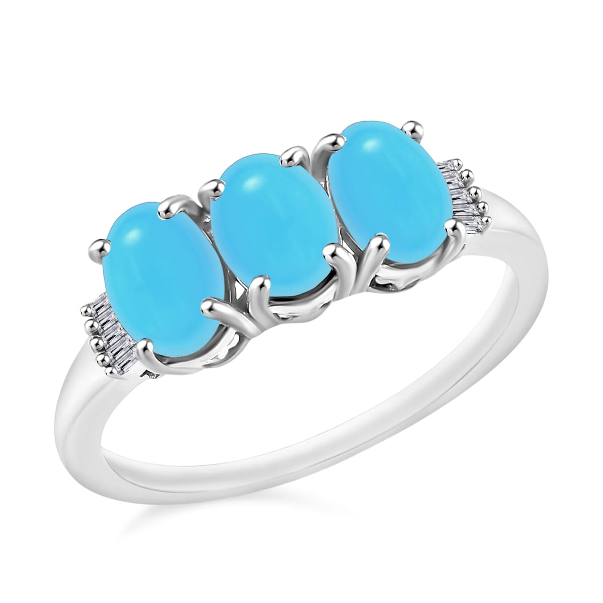 Premium Sleeping Beauty Turquoise and Diamond 5.47 ctw 3 Stone Ring in Platinum Over Sterling Silver (Size  7.0) image number 0