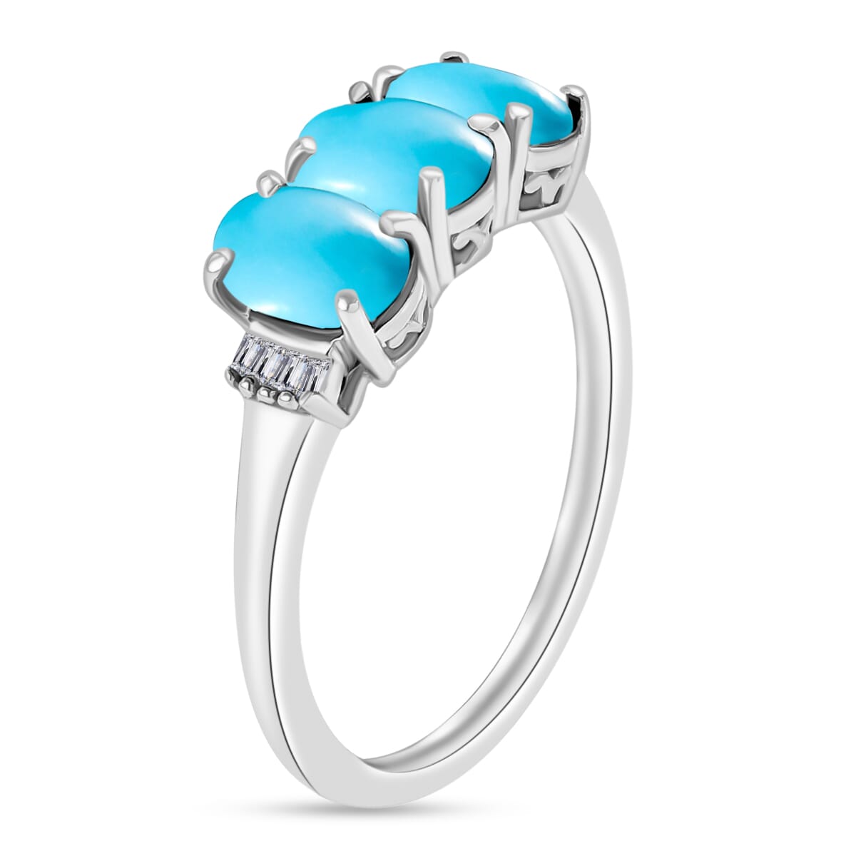 Premium Sleeping Beauty Turquoise and Diamond 5.47 ctw 3 Stone Ring in Platinum Over Sterling Silver (Size  7.0) image number 2