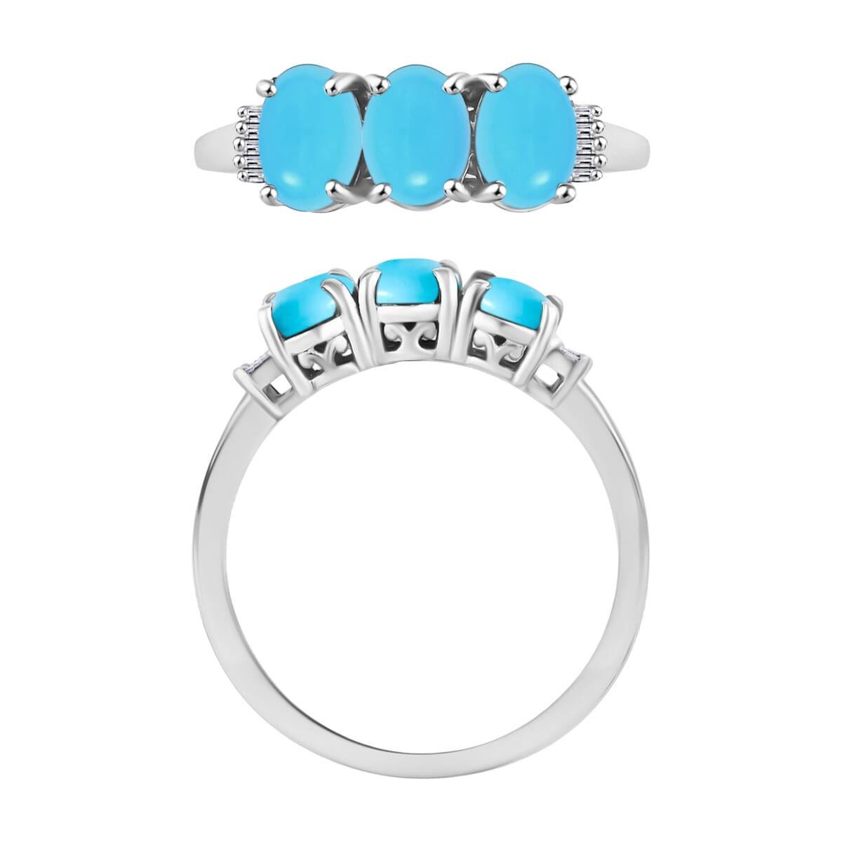 Premium Sleeping Beauty Turquoise and Diamond 5.47 ctw 3 Stone Ring in Platinum Over Sterling Silver (Size  7.0) image number 3