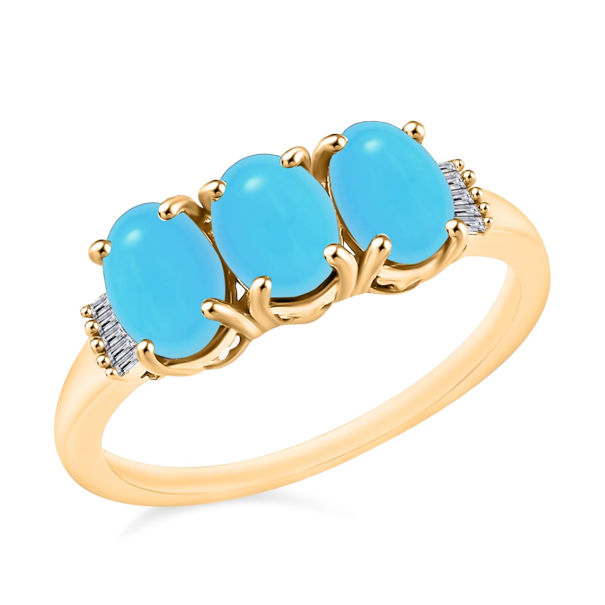Premium Sleeping Beauty Turquoise and Diamond 5.47 ctw 3 Stone Ring in Vermeil Yellow Gold Over Sterling Silver (Size  7.0) image number 0