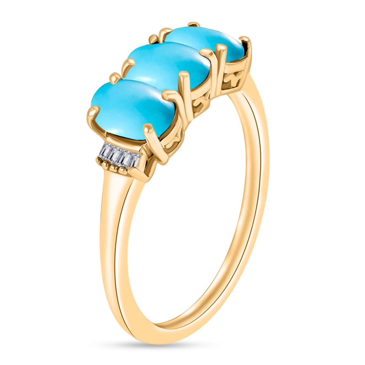 Premium Sleeping Beauty Turquoise and Diamond 5.47 ctw 3 Stone Ring in Vermeil Yellow Gold Over Sterling Silver (Size  7.0) image number 2