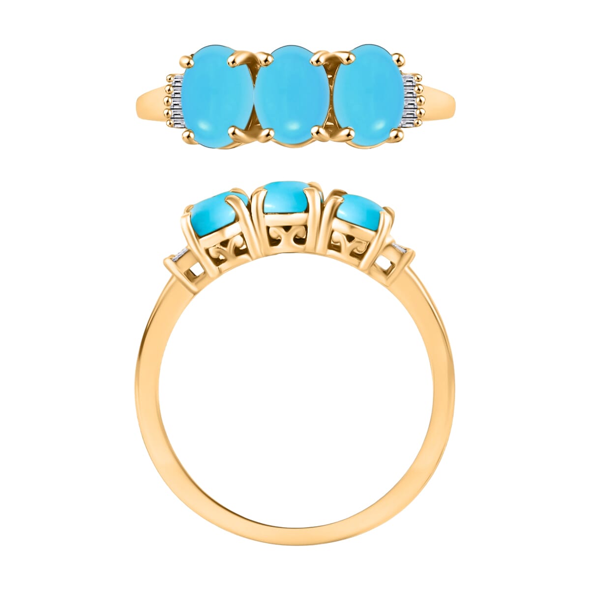 Premium Sleeping Beauty Turquoise and Diamond 5.47 ctw 3 Stone Ring in Vermeil Yellow Gold Over Sterling Silver (Size  7.0) image number 3