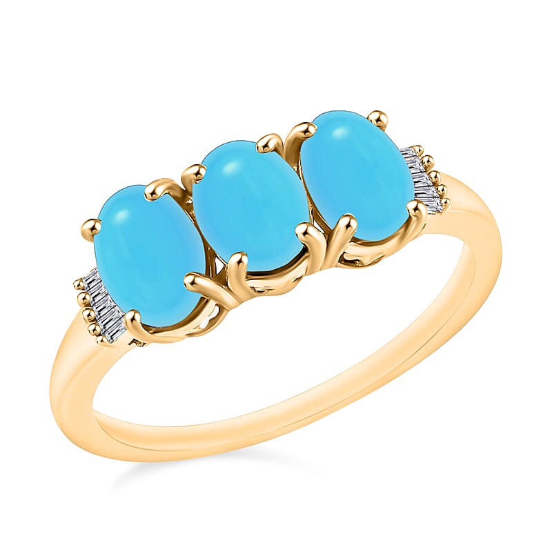 Premium Sleeping Beauty Turquoise and Diamond 5.47 ctw 3 Stone Ring in Vermeil Yellow Gold Over Sterling Silver (Size  10.0) (Del. in 10-12 Days)