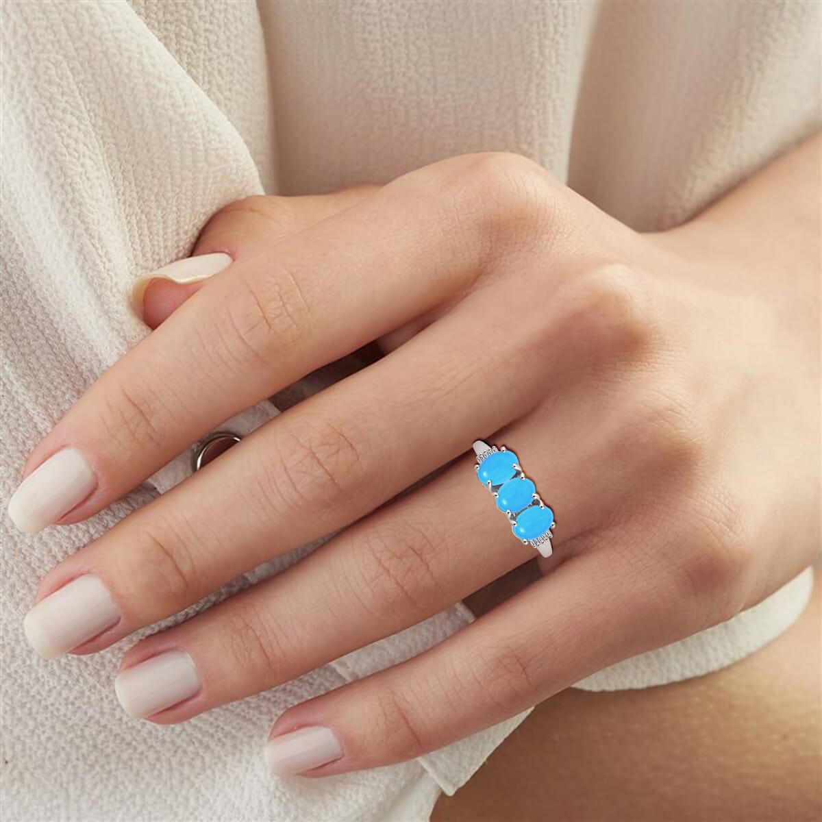 Rhapsody AAAA Sleeping Beauty Turquoise and E-F VS2 Diamond 5.47 ctw 3 Stone Ring in 950 Platinum (Size  6.5) image number 1