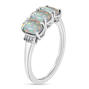 Premium Ethiopian Welo Opal and Diamond 2.53 ctw 3 Stone Ring in Platinum Over Sterling Silver (Size  4.0)