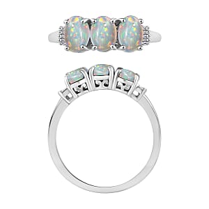 Premium Ethiopian Welo Opal and Diamond 2.53 ctw 3 Stone Ring in Platinum Over Sterling Silver (Size  4.0)