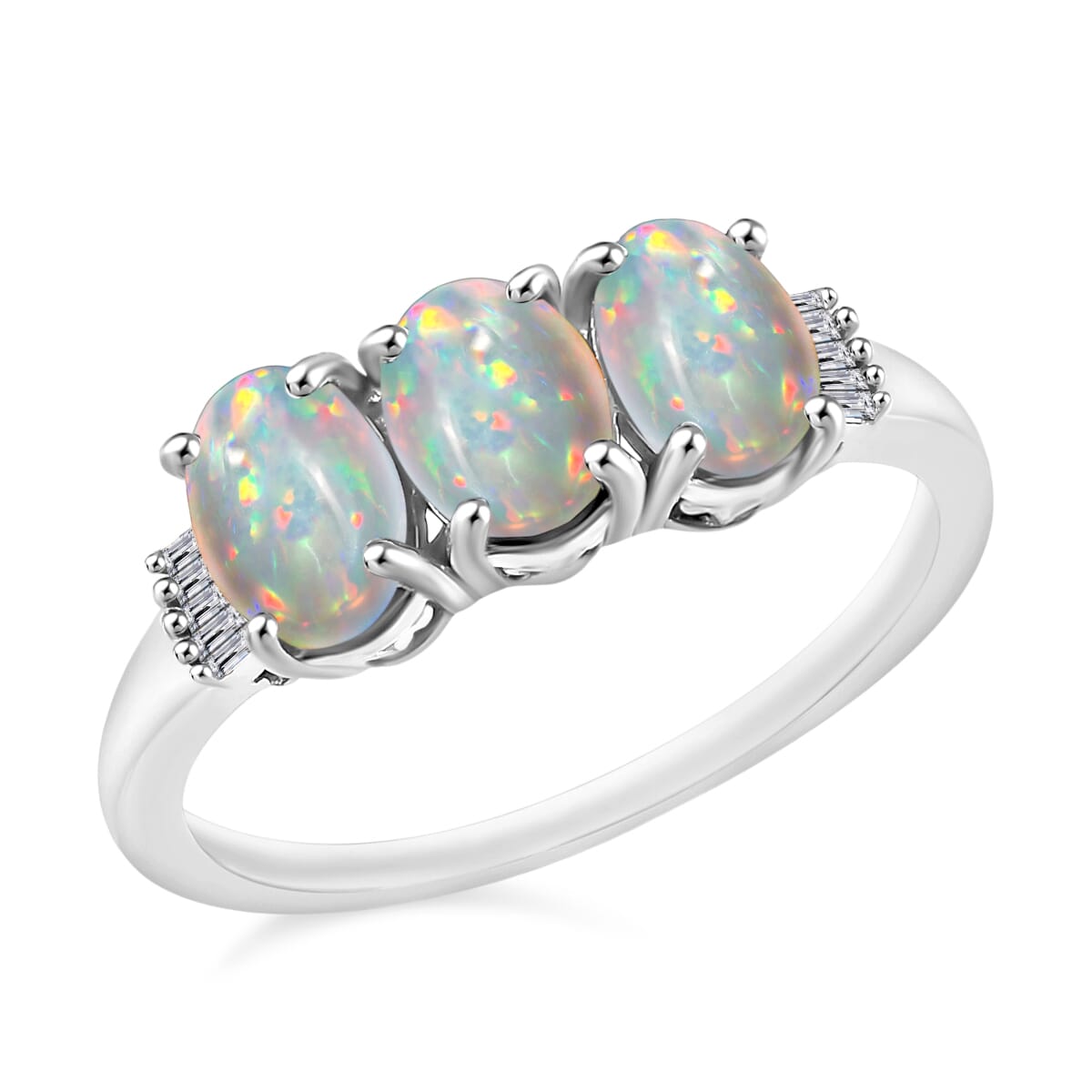 Premium Ethiopian Welo Opal and Diamond 2.53 ctw 3 Stone Ring in Platinum Over Sterling Silver (Size  5.0) image number 0