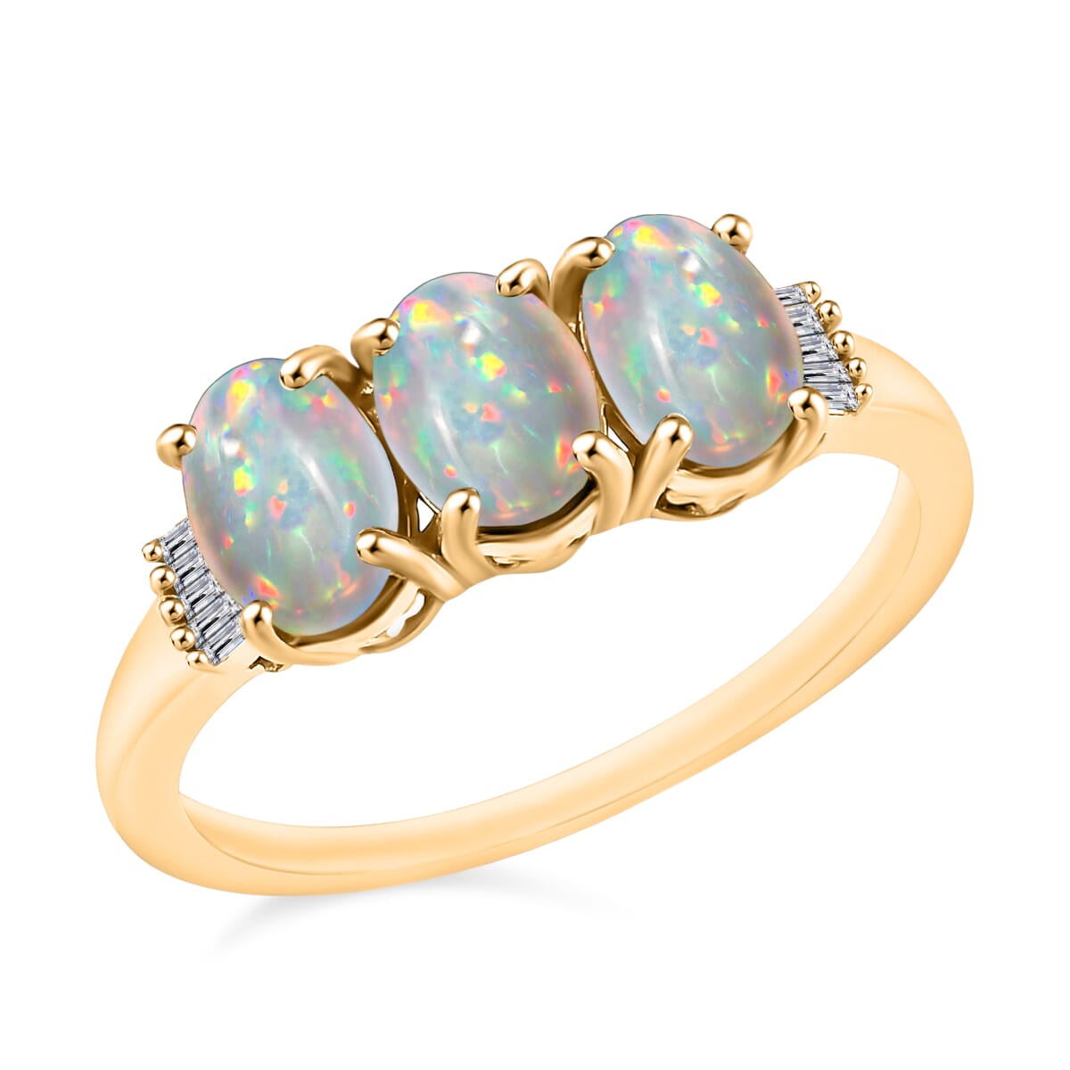 Premium Ethiopian Welo Opal and Diamond 2.53 ctw 3 Stone Ring in Vermeil Yellow Gold Over Sterling Silver (Size  11.5) image number 0