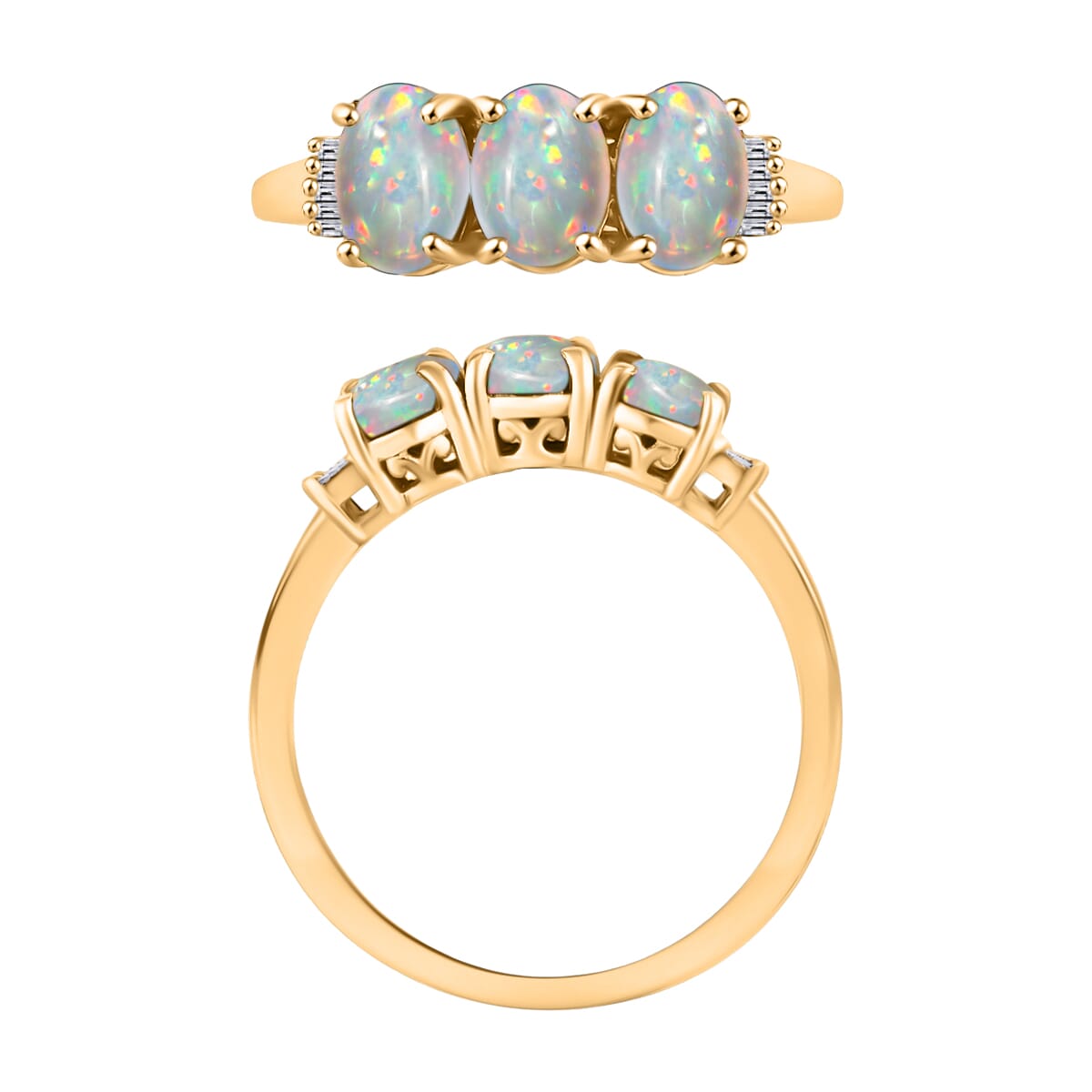 Premium Ethiopian Welo Opal and Diamond 2.53 ctw 3 Stone Ring in Vermeil Yellow Gold Over Sterling Silver (Size  11.5) image number 3