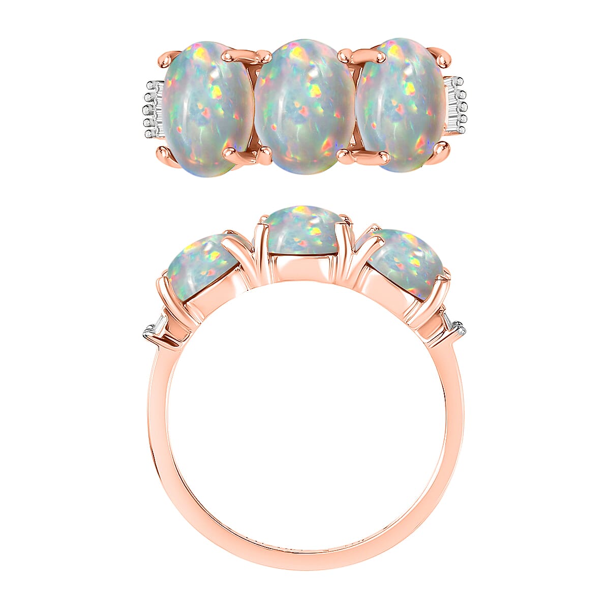 D'Joy Ethiopian Welo Opal, Diamond 3 Stone Ring in Vermeil Rose Gold Over Sterling Silver 2.53 ctw (Size 4.0)