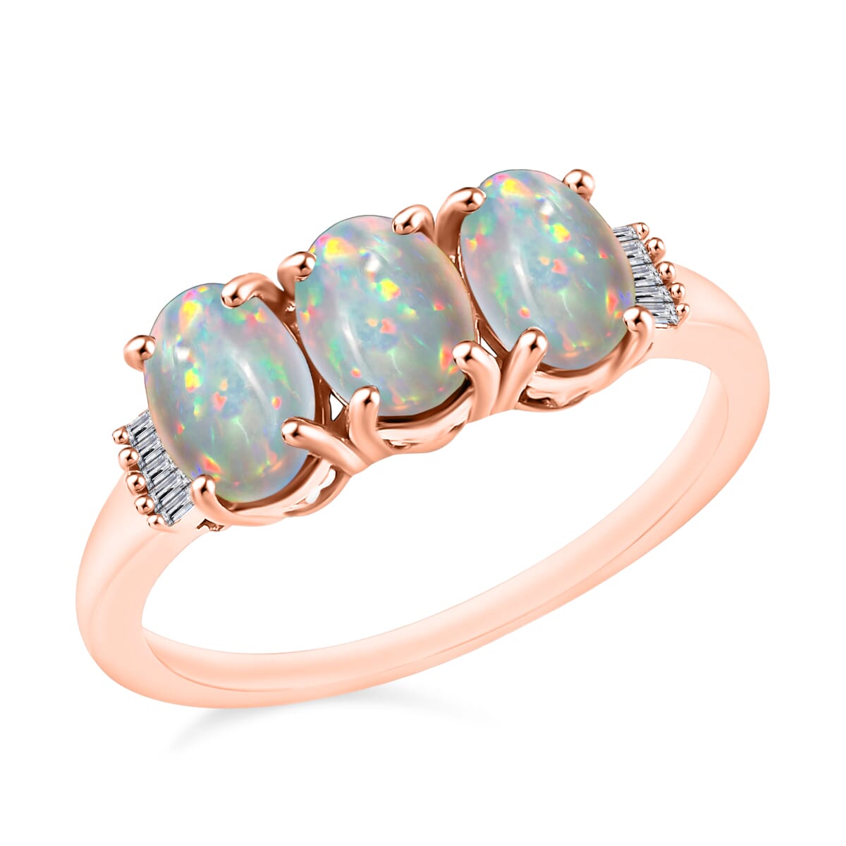 Premium Ethiopian Welo Opal and Diamond 2.53 ctw 3 Stone Ring in Vermeil Rose Gold Over Sterling Silver (Size  5.0) image number 0